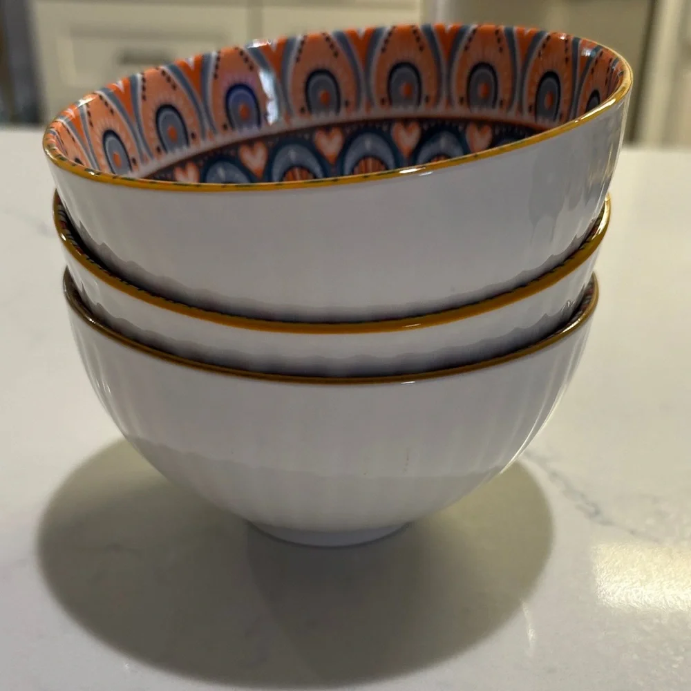 Hand-Painted Mandala Ceramic Bowls - Set with Red, Blue & Orange Designs 3 Bowls - Picture 6 of 6